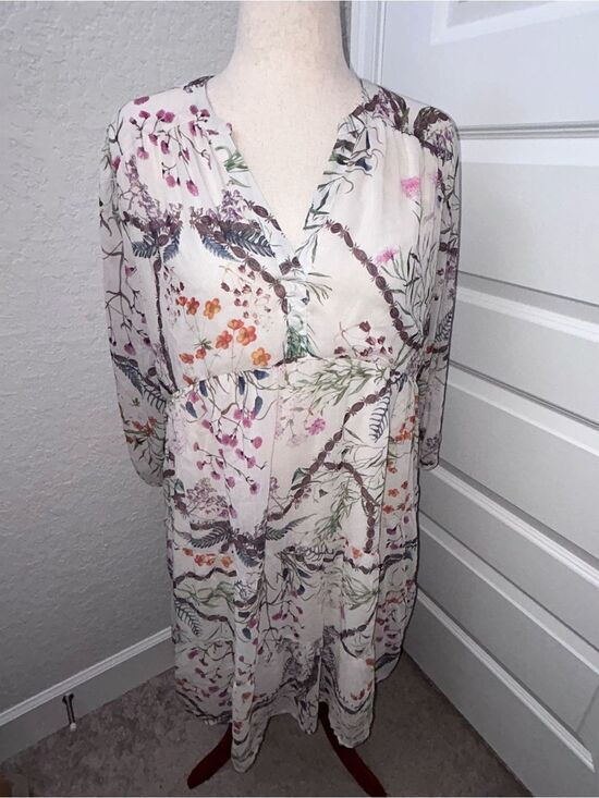 FAIRHOPE Dresses & Skirts - New, FAIRHOPE Floral Feather Print Ruffle Tier Tunic Cottage Long Sleeve Dress